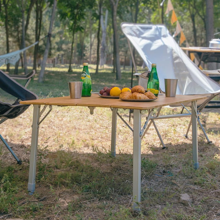 KingCamp Falten Bambus Campingtisch Klapptisch Verstellbare Höhe Aluminiumrahmen für Outdoor Camping