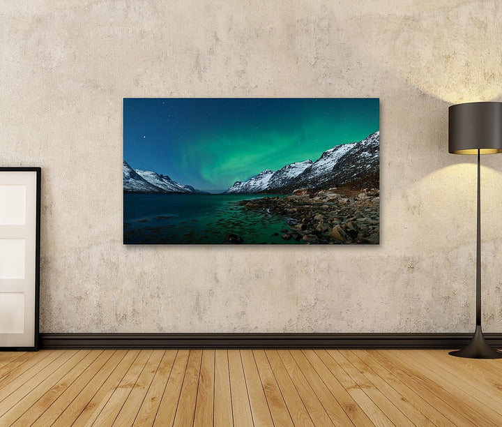 islandburner Bild auf Leinwand Aurora Borealis Nordlichter Reflexion Mit Fjorden Bilder Wandbilder P