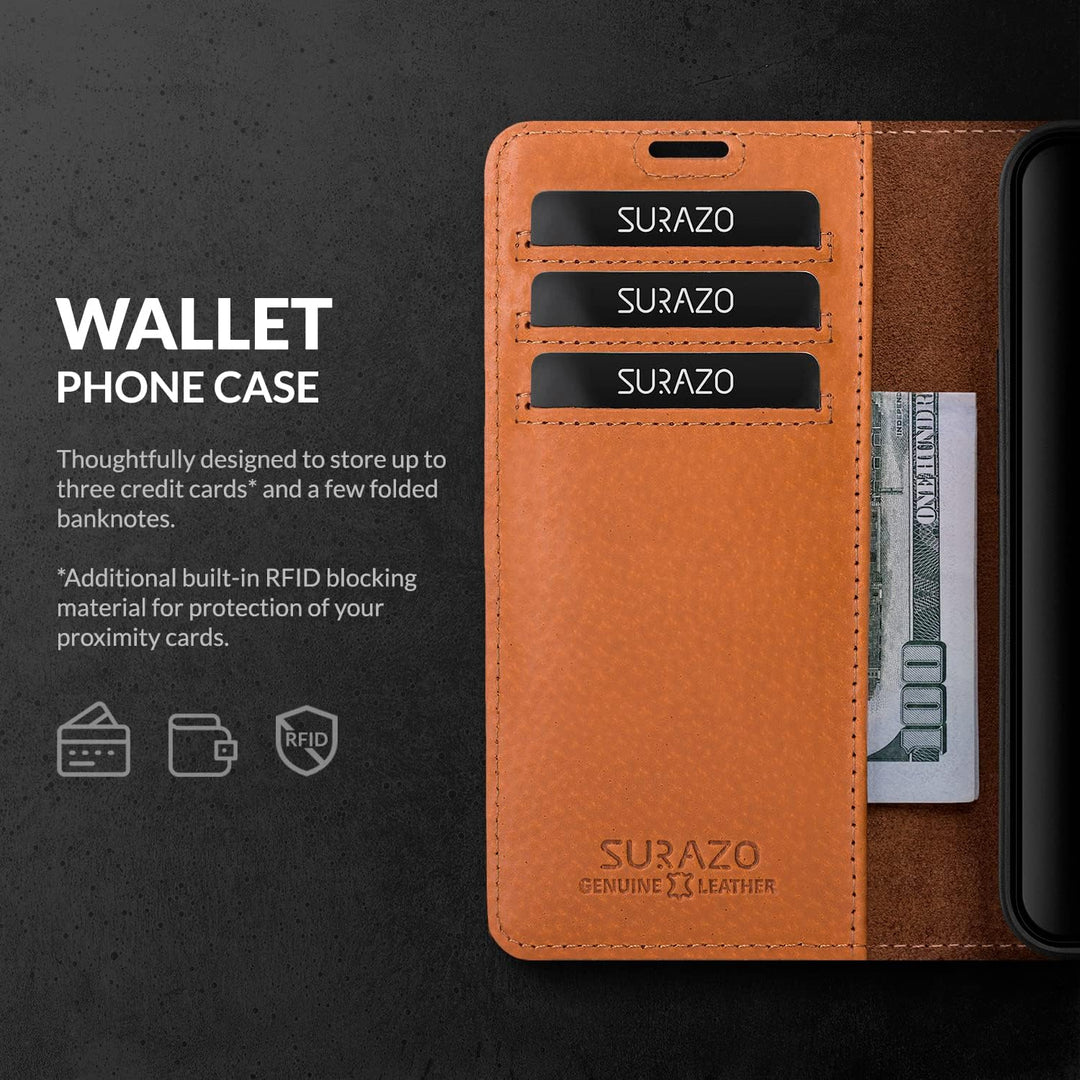 SURAZO Handyhülle für Apple iPhone 15 Pro Hülle Leder – Klappbar Echtleder Schutzhülle [ Magnet, Kar