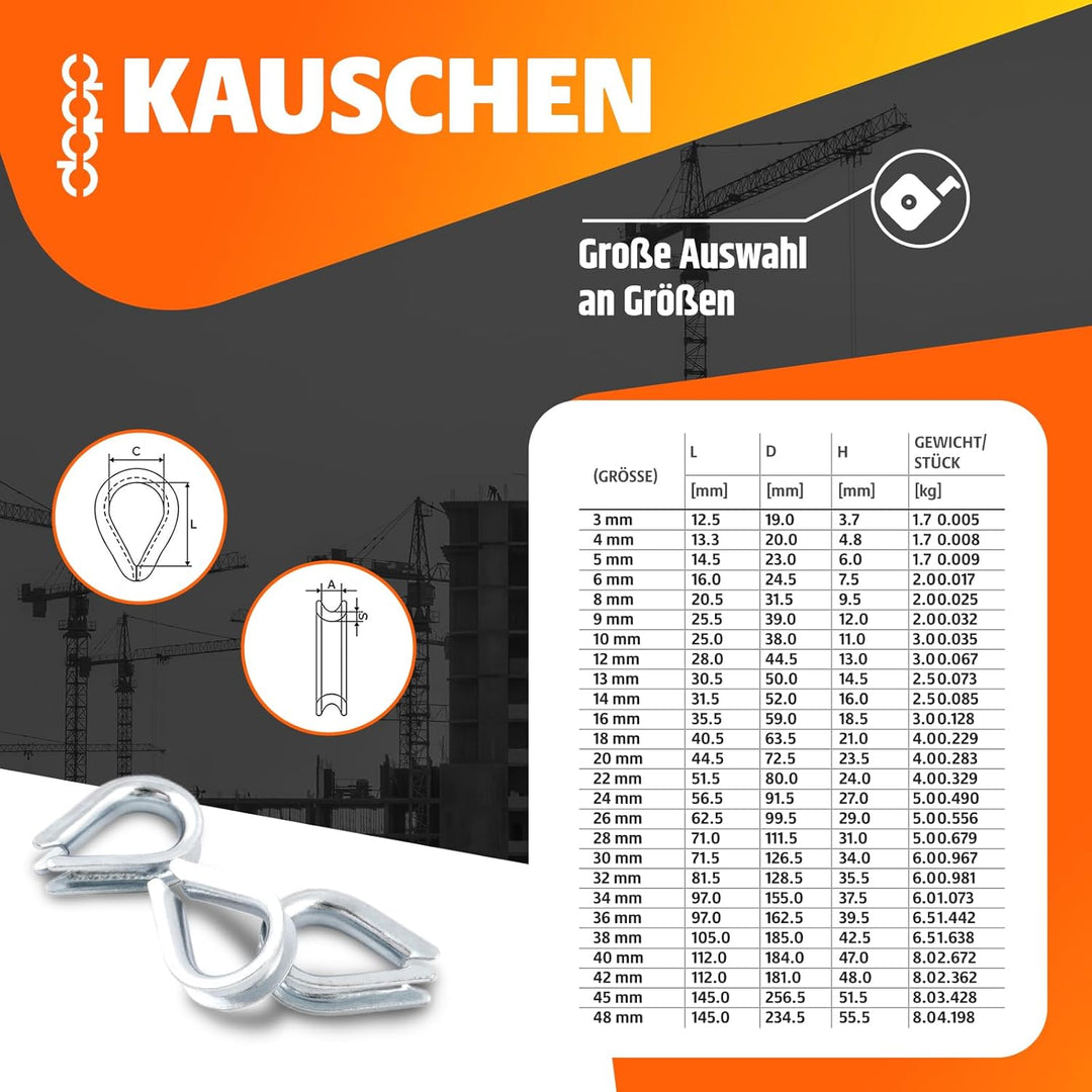10m DRAHTSEIL SET 10mm 6x37+FC + 4 x SEILKLEMMEN 10mm DIN 741 + 2 x KAUSCHE 10mm verzinkt Stahlseil