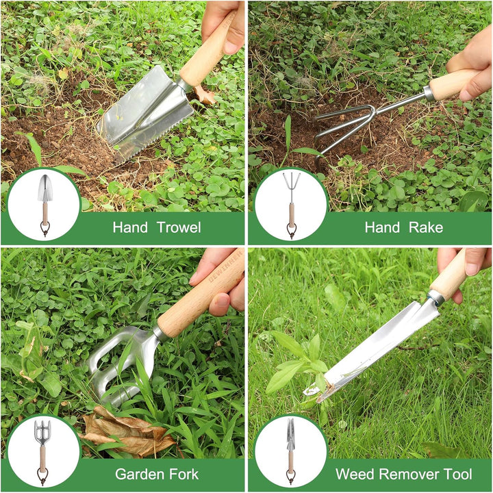 DEWINNER Garten Werkzeuge Set, 12 Stück Schwerlast Edelstahl Gartenarbeit Kit, Non-Slip Holzgriff, M