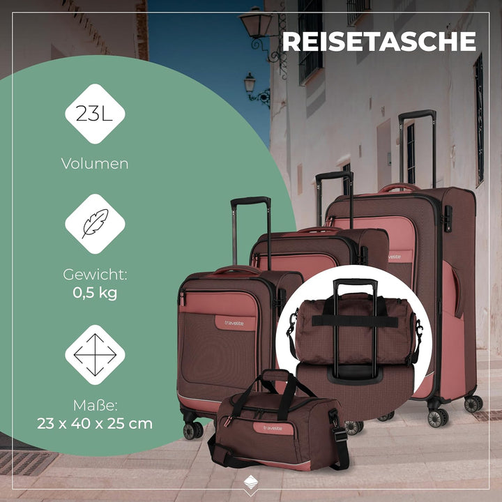 Travelite Kofferset 4 teilig Weichschale 4 Rollen, Grössen S-M-L + Reisetasche,nachhaltig, VIIA Reis