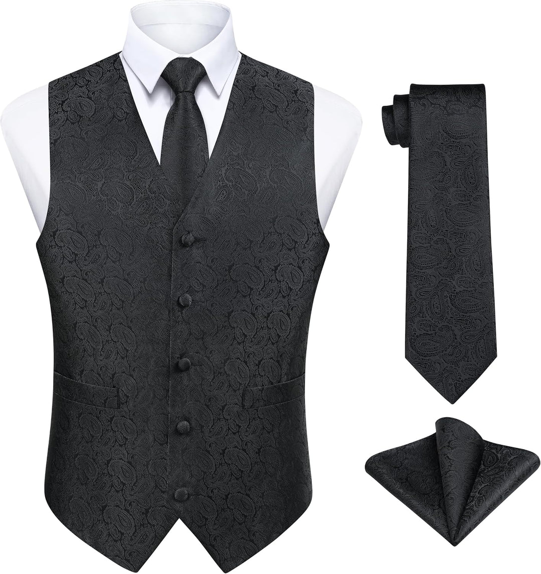 Enlision Herren Paisley Floral Jacquard Weste & Krawatte und Pocket Square Weste Anzug Set M Schwarz