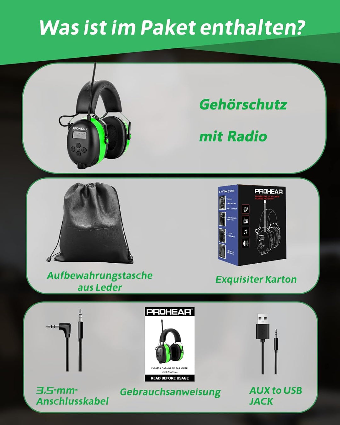 PROHEAR Gehörschutz mit Radio und Bluetooth, FM/AM Wiederaufbare Ohrenshützer, Eingebautem Mikrofon