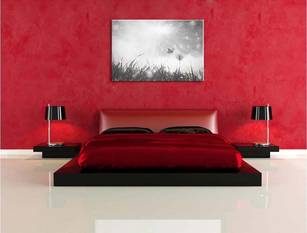 Pixxprint zarter Schmetterling fliegt zu Pusteblume Kunst Kohle Effekt, Format: 100x70 auf Leinwand,