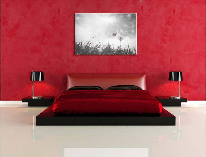 Pixxprint zarter Schmetterling fliegt zu Pusteblume Kunst Kohle Effekt, Format: 100x70 auf Leinwand,