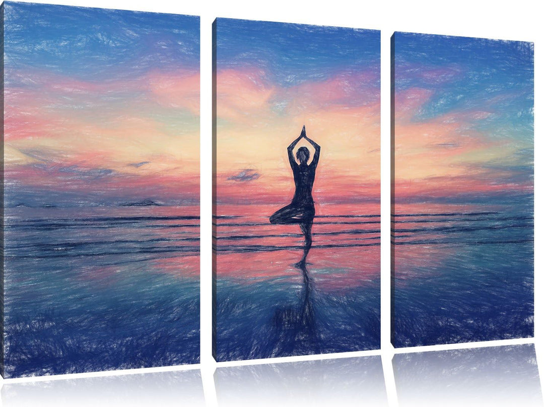 Pixxprint Yoga am Strand / 3-Teilig/Gesamtmass 120cm Leinwandbild bespannt auf Holzrahmen/Wandbild K