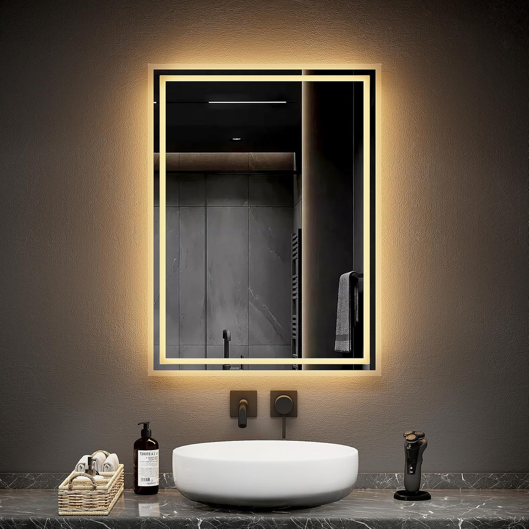 EMKE Badspiegel mit Beleuchtung 80x60cm, Badezimmerspiegel mit Kippschalter+Beschlagfrei+2 Lichtfarb