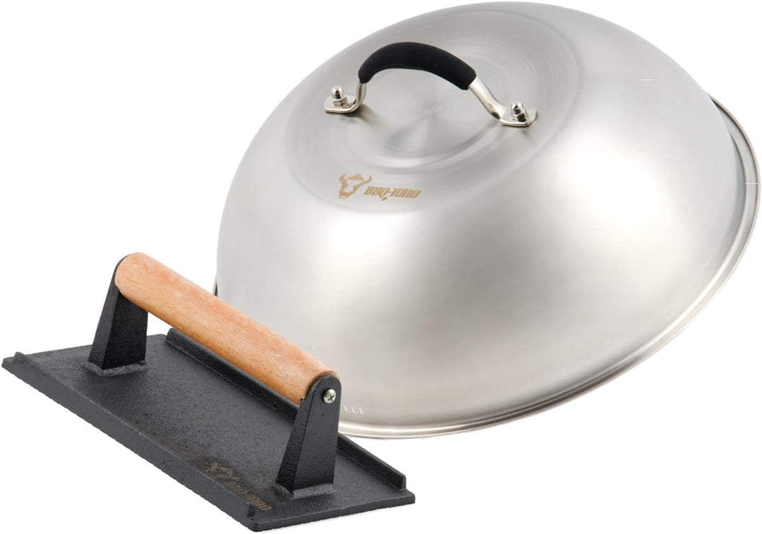 BBQ-Toro Edelstahl Wärmeglocke mit Gusseisen Fleischbeschwerer | Ø 31,5 cm | Burger Glocke mit Fleis