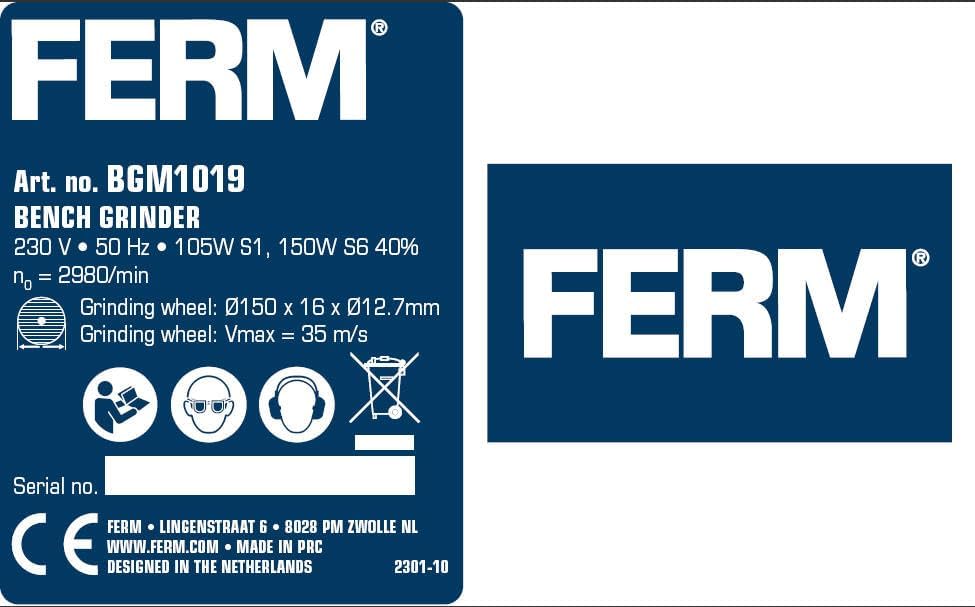 FERM BGM1019 Doppelschleifmaschine 150W - 150mm - Incl. P36 und P60 Schleifsteinen, Schutzbrille und