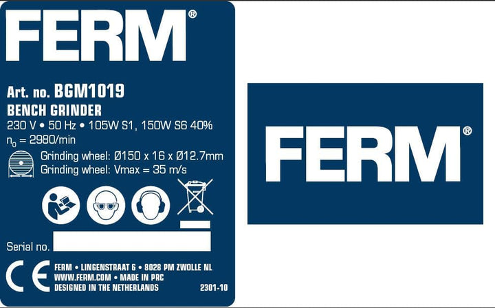 FERM BGM1019 Doppelschleifmaschine 150W - 150mm - Incl. P36 und P60 Schleifsteinen, Schutzbrille und