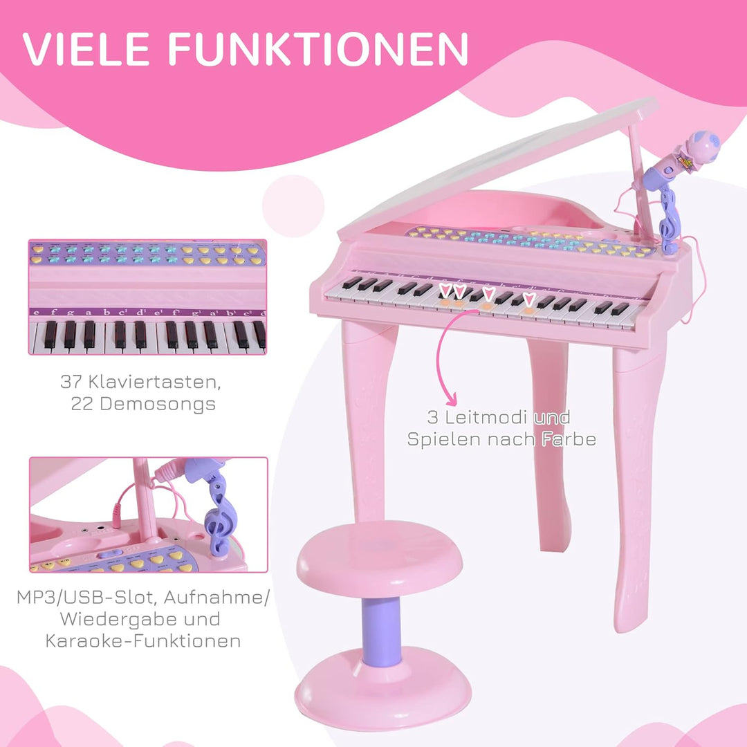 HOMCOM Kinder Klavier Mini-Klavier Piano Keyboard Musikinstrument MP3 USB inkl. Hocker 37 Tasten Ros