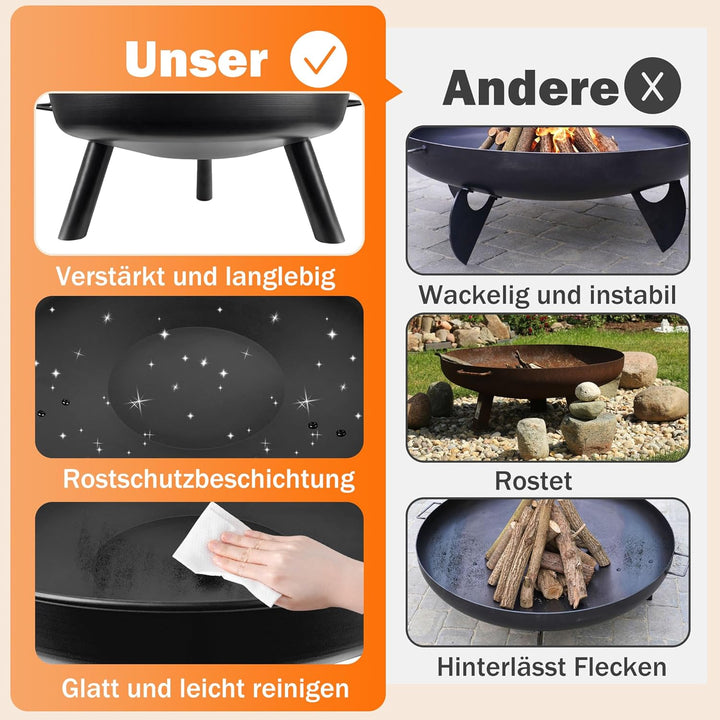UISEBRT Feuerschale 80cm - Feuerstelle mit Griffen and 3 Füssen für Draussen Terrasse Garten Balkon