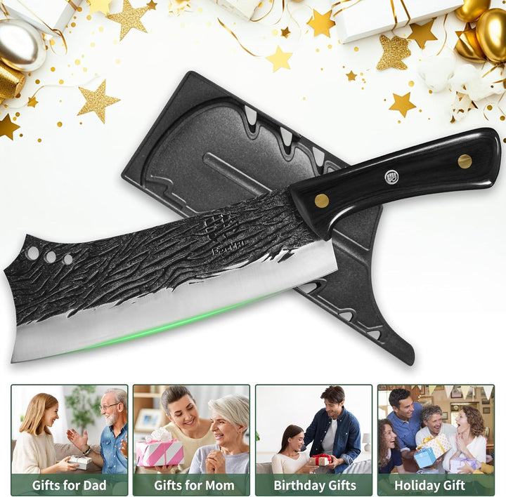 FULLHI Butcher Knife Hand geschmiedet schwere Fleischbeil Kochmesser mit Scheiden schwarz High Carbo