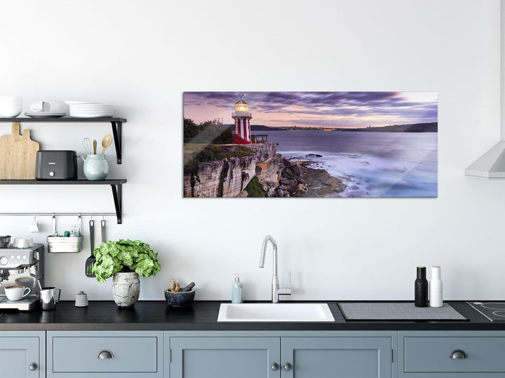 Glasbild Panorama | Wandbild aus Echtglas | Leuchtturm | 100x40 cm | inkl. Aufhängung und Abstandsha
