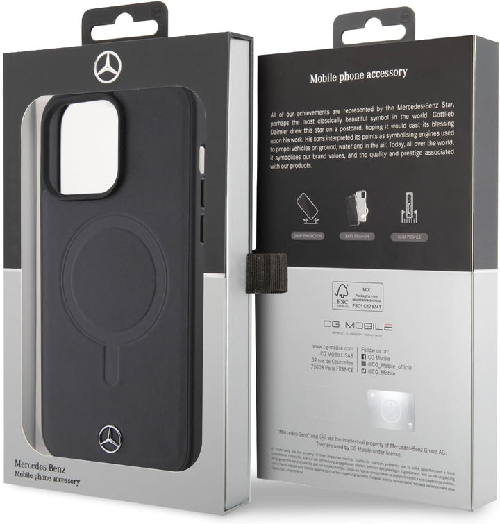 CG MOBILE Mercedes-Benz Handyhülle kompatibel mit Magsafe und iPhone 15 Pro Max in Schwarz, Echtlede