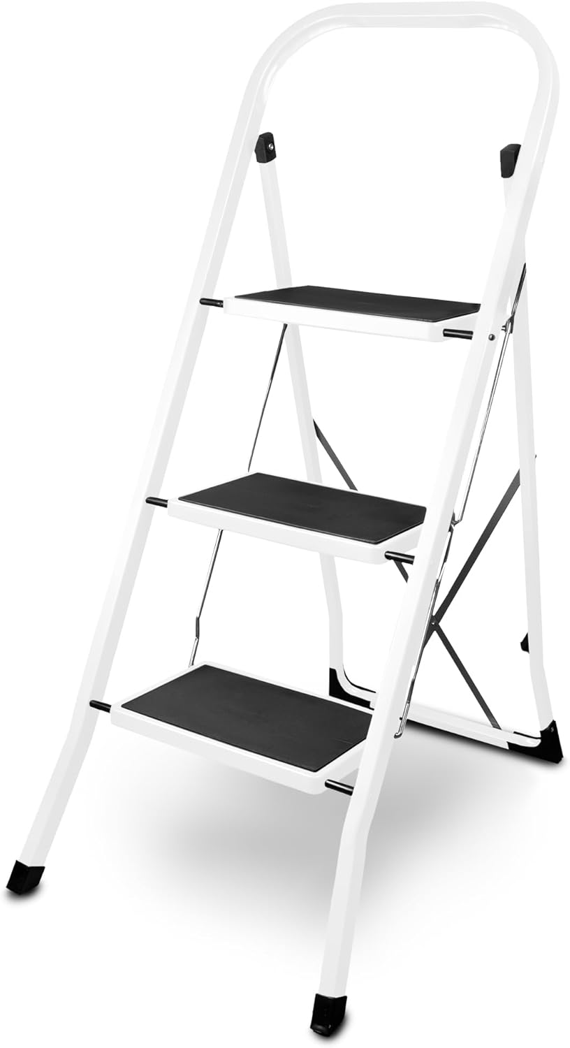 siwitec Klapptritt aus Stahl mit 3 Stufen, Weiss, kleine Leiter mit Anti-Rutschmatten, 150 kg Tragla