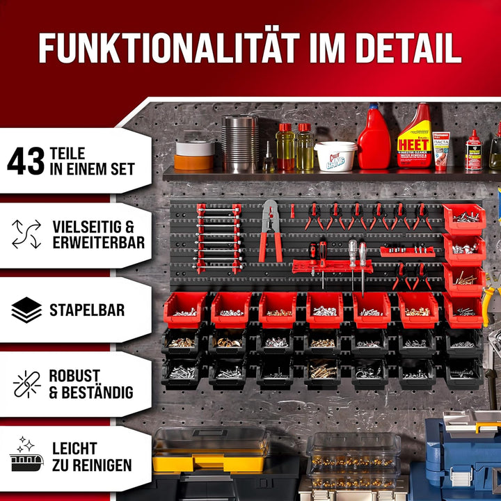 DEUBA® Wandregal mit Stapelboxen und Werkzeughalter 43 tlg Box Erweiterbar Werkstattregal Werkzeuglo