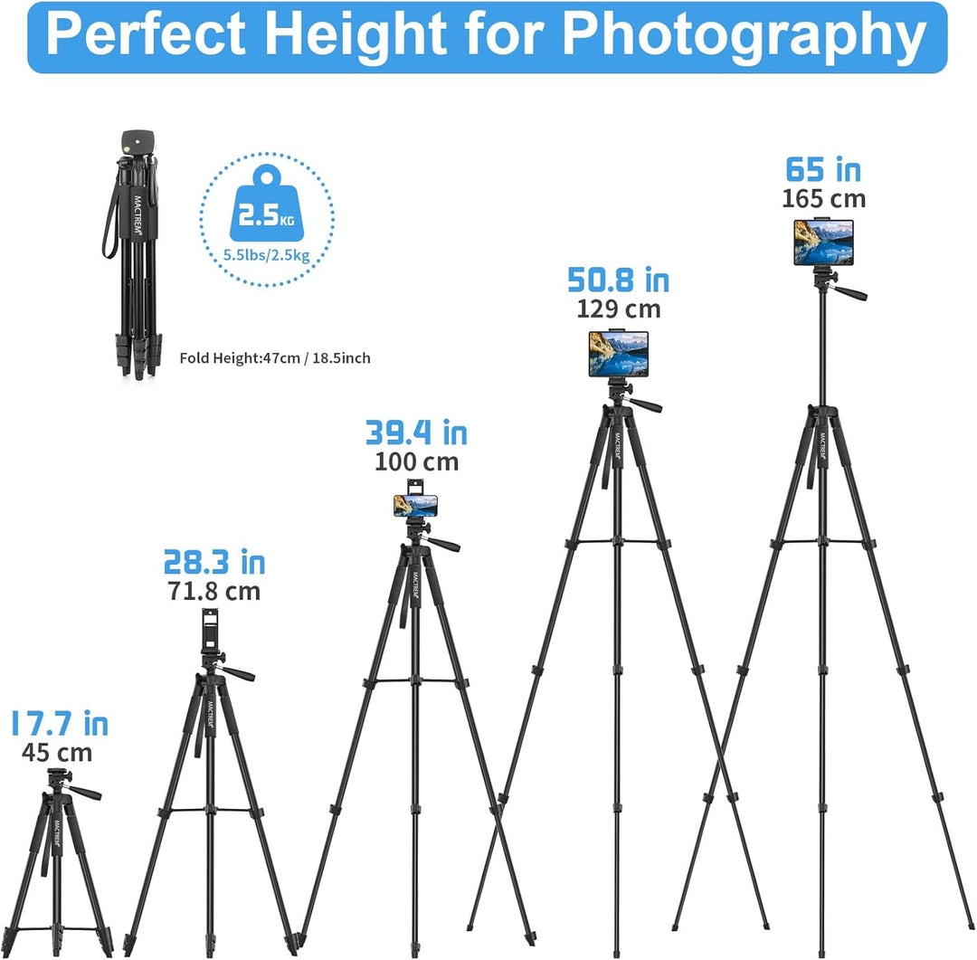 Handy Stativ, 2024 Upgrade 165cm / 65" Kamera Stativ für Smartphone iPad, 360° Drehung Tragbar Tripo