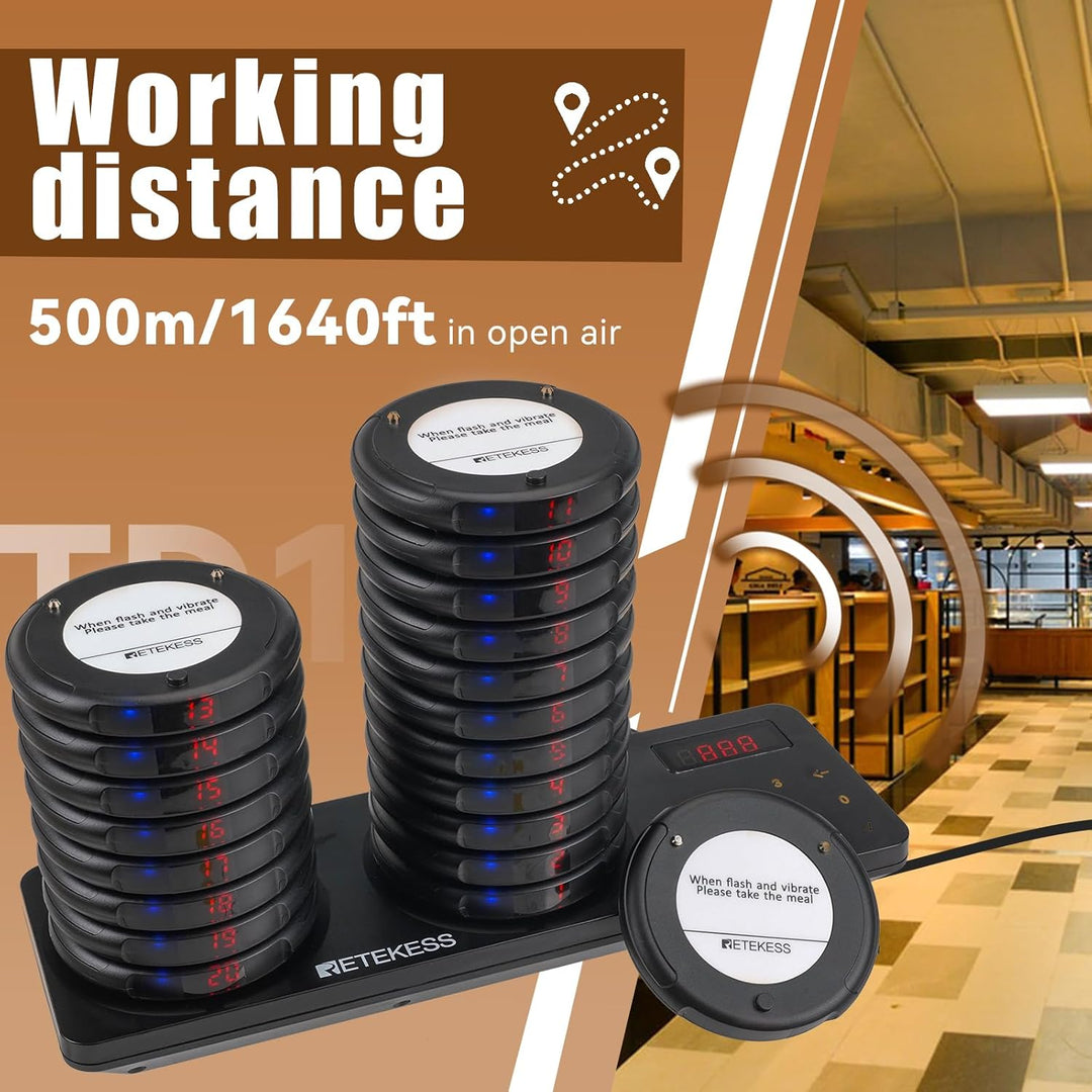 Retekess TD163 Restaurant Pager System, Pager Rufsystem, 20 Pager, 500M, Schwarz, Blaue LED-Anzeigel