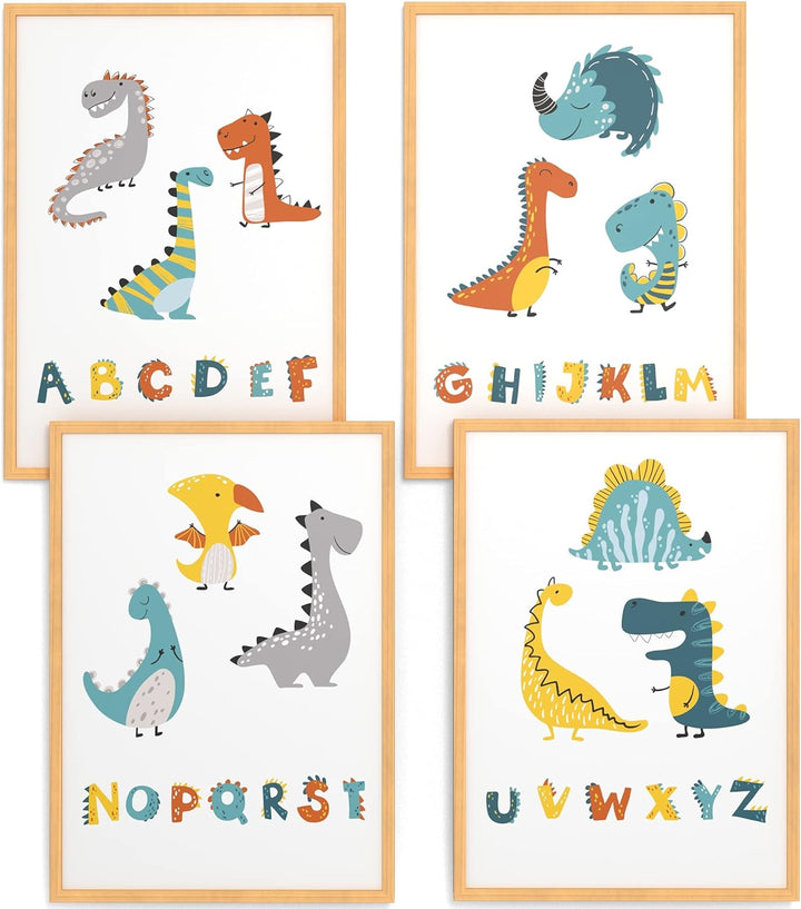 Papierschmiede® Kinderbilder 4er Set, A4 gerahmt in Holzrahmen (Natur), Geschenk für Jungen Wanddeko