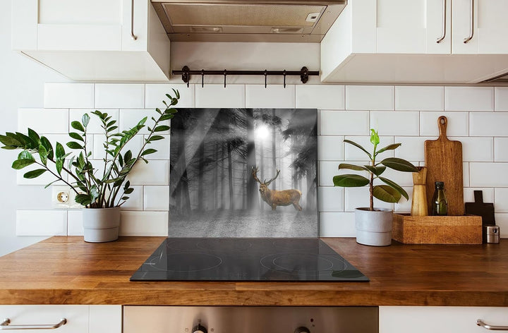 Hirsch auf Waldlichtung Sonnenstrahlen B&W Detail Herdabdeckplatte & Spritzschutz aus Echtglas | Für