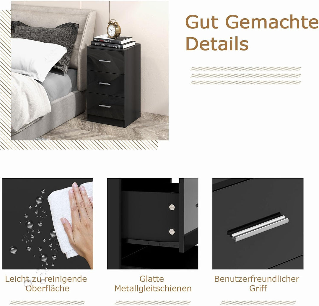COSTWAY 2er Set Nachttisch mit 3 Schubladen, Hochglanz Nachtschrank, Nachtkommode für Boxspringbett,
