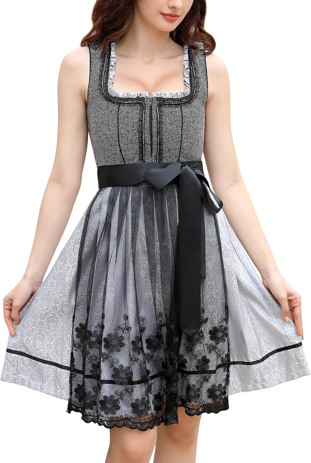 KOJOOIN Damen Dirndl 2tlg. Midi Trachtenkleid Kurz Dirndlkleid(High-End) mit Dirndlschürze für Oktob