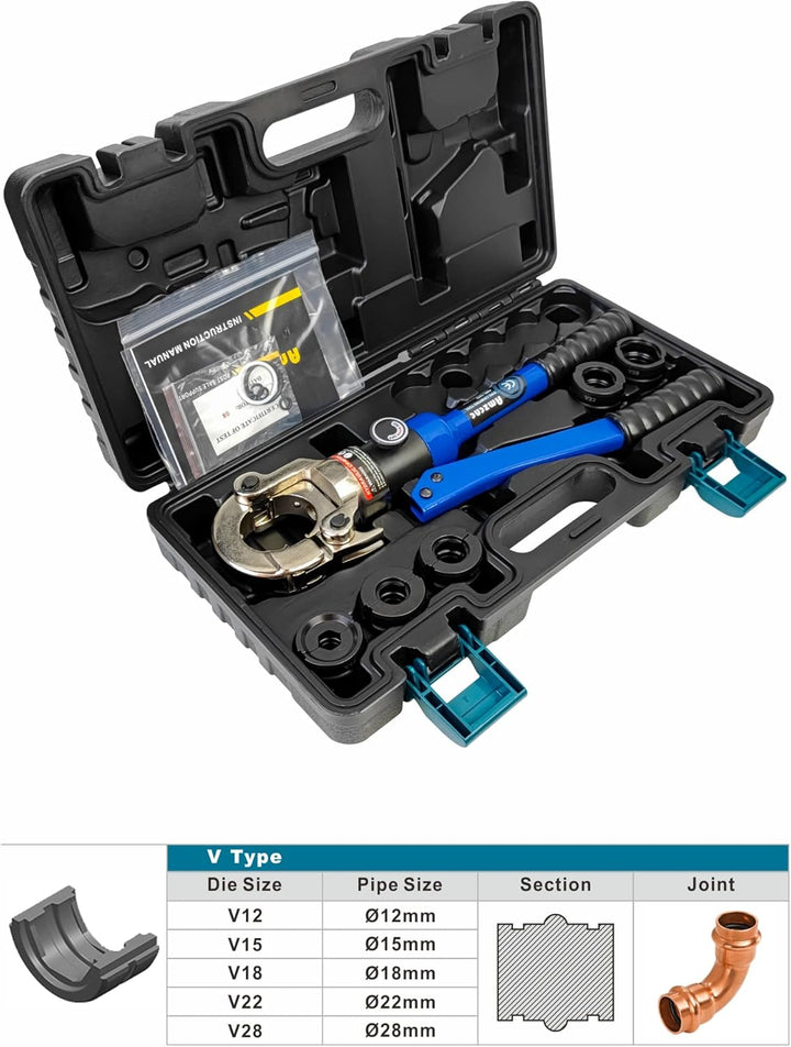 AMZCNC Profi Presszange V-Kontur 12-15-18-22-28 Set Presswerkzeug,für Kupferrohr, C-Stahlrohr und Ed