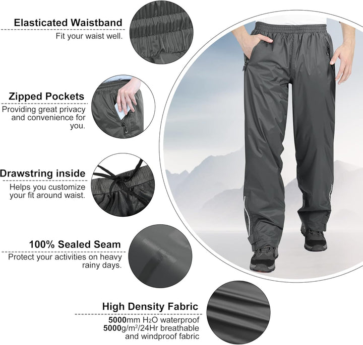 33,000ft wasserdichte Regenhose für Herren Leichte Regenhose Winddichte Outdoorhose zum Wandern Camp