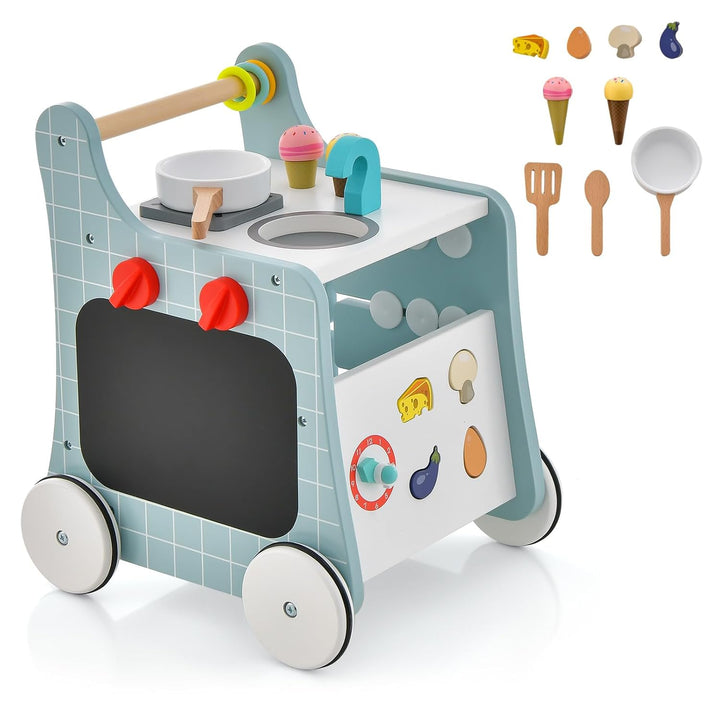 COSTWAY 6 in 1 Lauflernwagen aus Holz, Lauflernhilfe mit Spielküche, Lernuhr, Formanpassung & bewegl