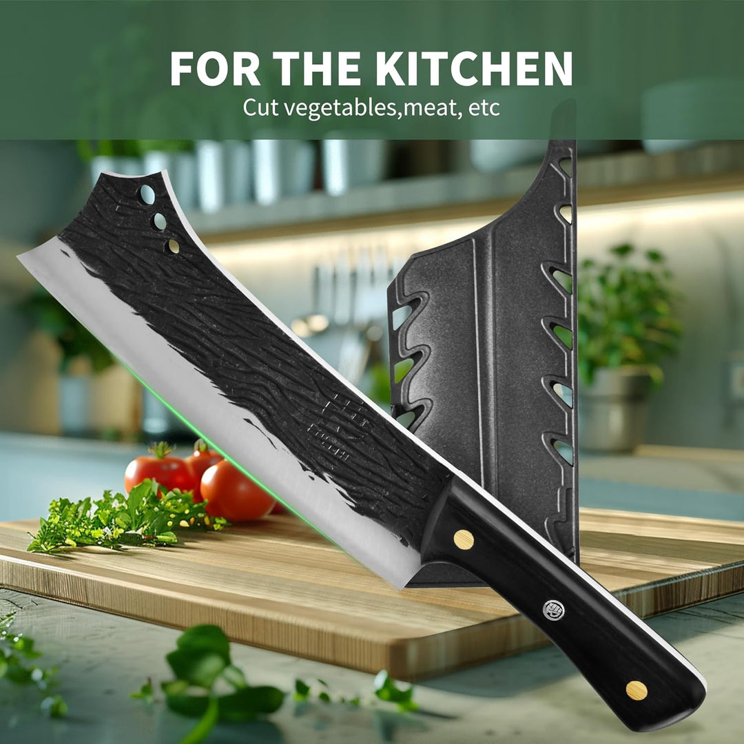 FULLHI Butcher Knife Hand geschmiedet schwere Fleischbeil Kochmesser mit Scheiden schwarz High Carbo