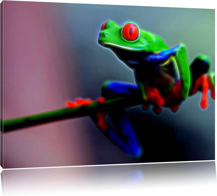 Grüner Frosch auf Ast Deluxe Format: 100x70 cm auf Leinwand, XXL riesige Bilder fertig gerahmt mit K