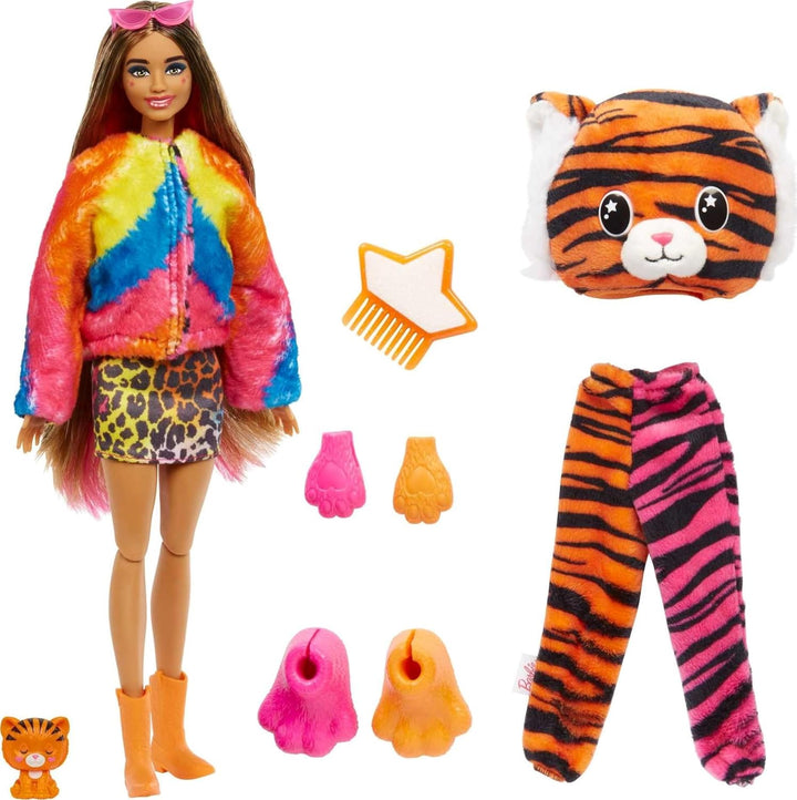 Barbie Cutie Reveal, bewegliche mit Tiger-Accessoires, 10 Überraschungen, Tierspielzeug, Farbwechsel