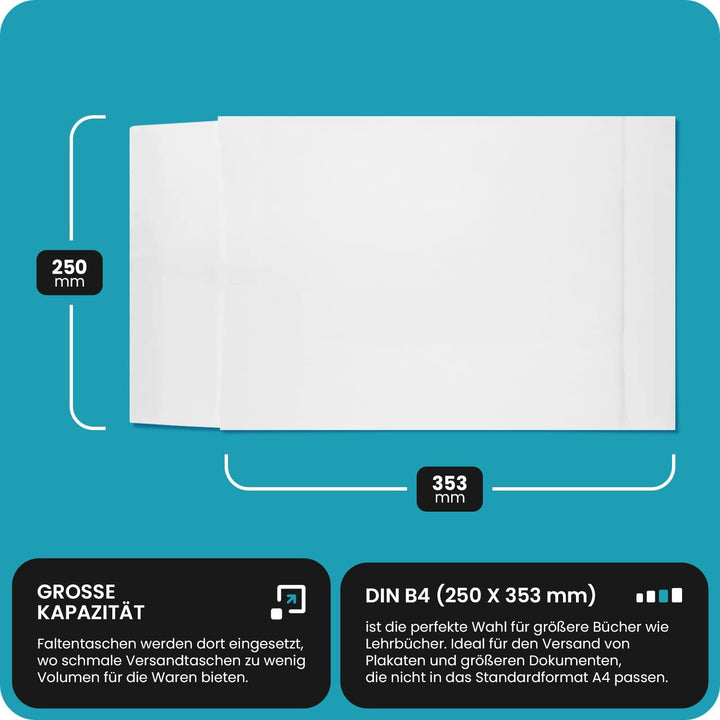 Netuno 50 x weisse Faltentaschen DIN B4 250× 353 mm 130g Kapazität-Versandtaschen ohne Fenster Falte