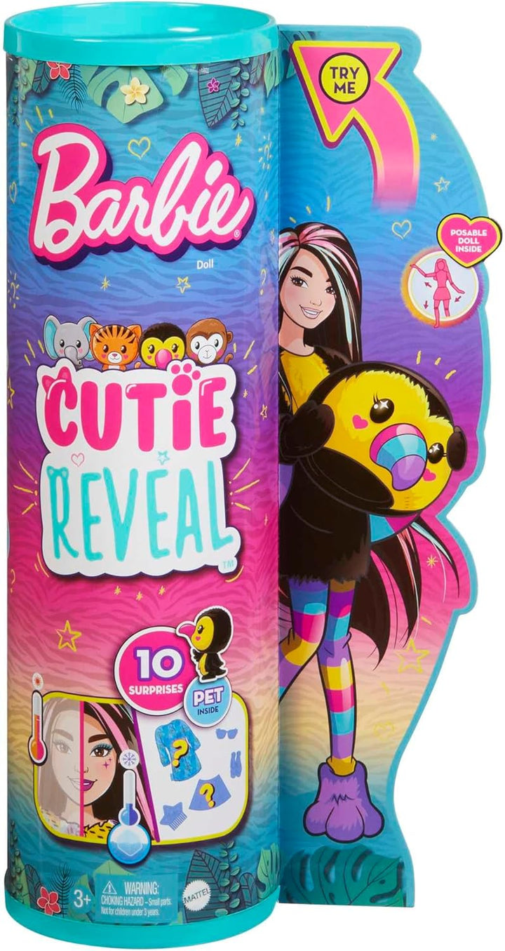 Barbie Cutie Reveal, bewegliche Tukan-Accessoires, 10 Überraschungen, Tierspielzeug, Farbwechseleffe