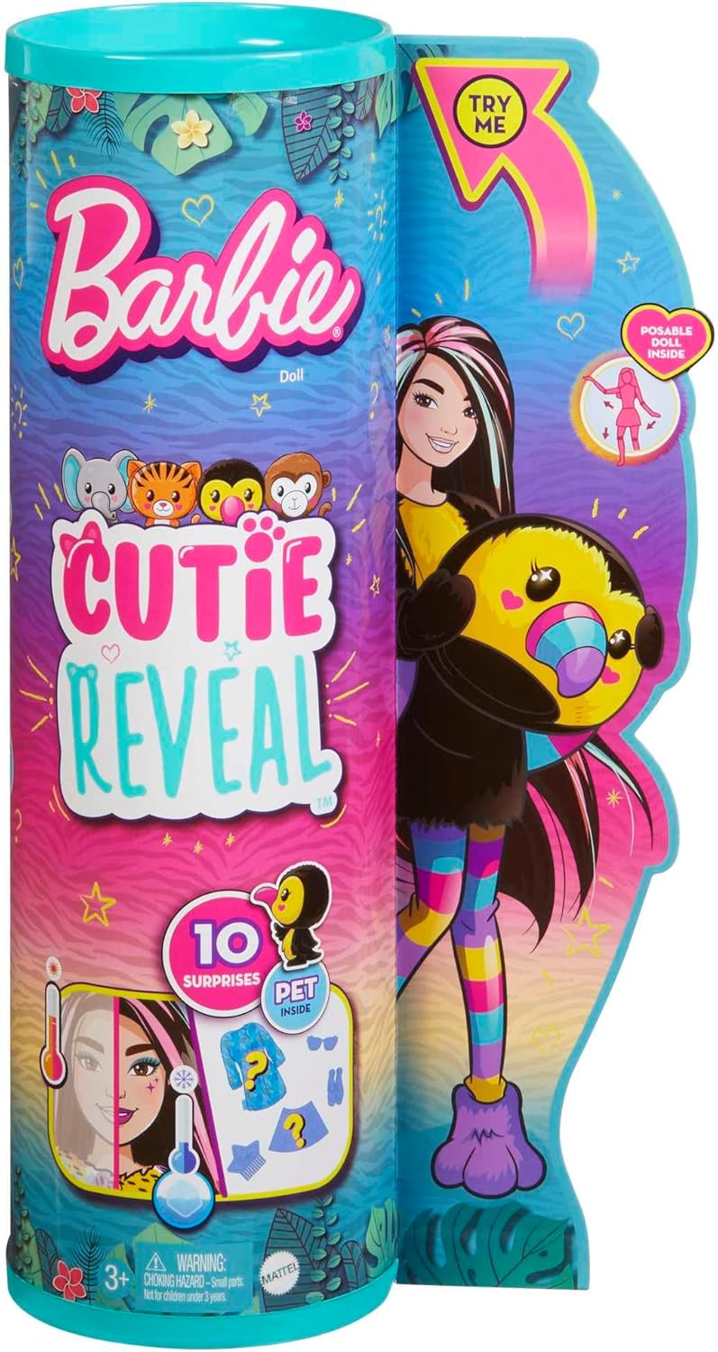 Barbie Cutie Reveal, bewegliche Tukan-Accessoires, 10 Überraschungen, Tierspielzeug, Farbwechseleffe