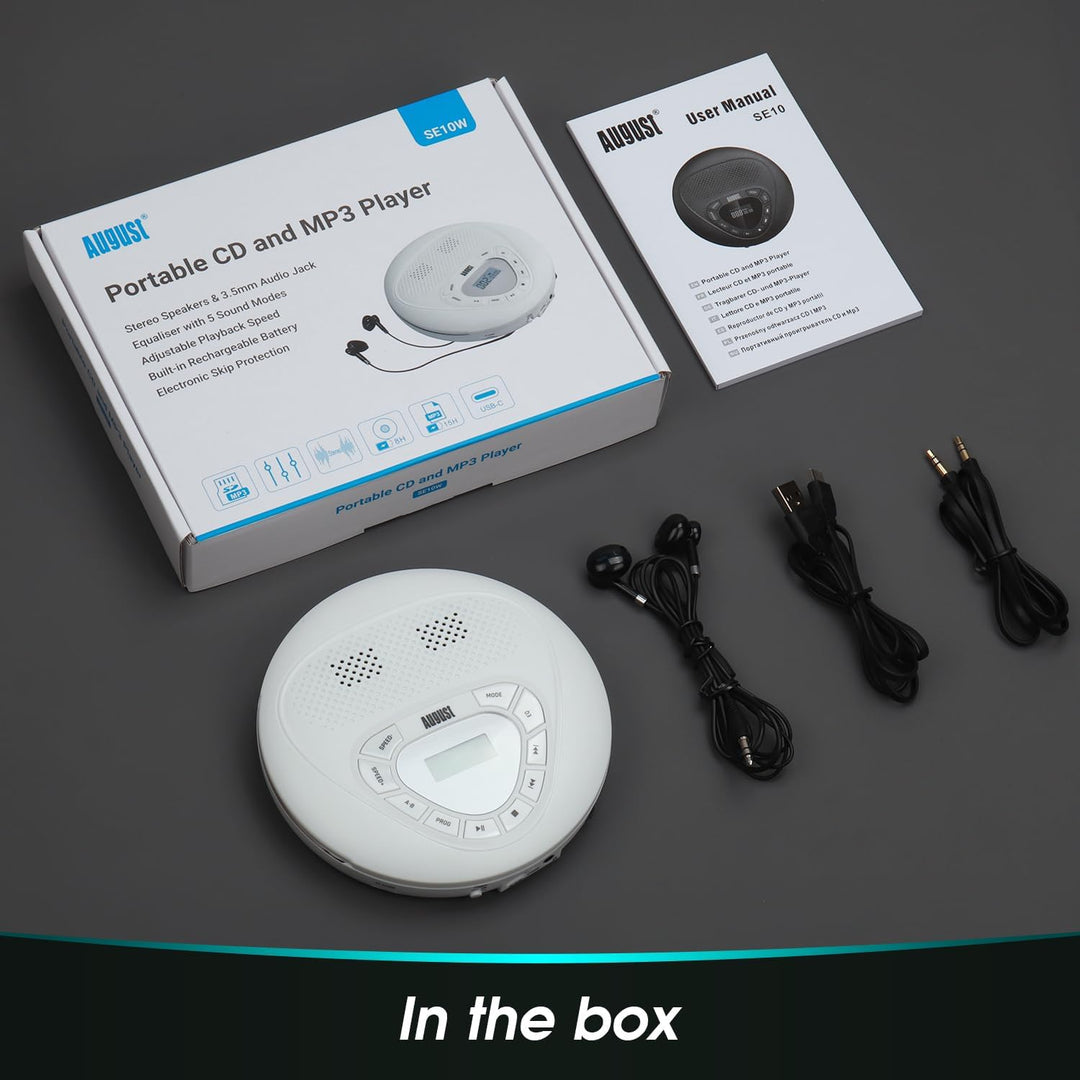 Wiederaufladbarer tragbarer CD Player mit Kopfhörer -August SE10- Walkman USB-C mit Lautsprecher Übe