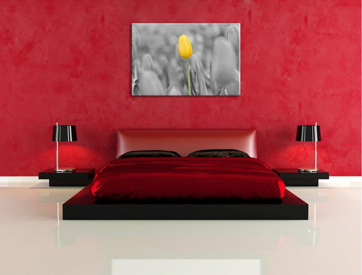 Gelbes Tulpenmeer schwarz/weiss Format: 100x70 auf Leinwand, XXL riesige Bilder fertig gerahmt mit K