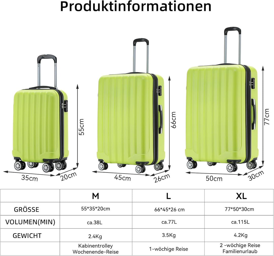 BEIBYE TSA-Schloss 2080 Zwillingsrollen 3 TLG. Reisekofferset Koffer Kofferset Trolley Trolleys Hart