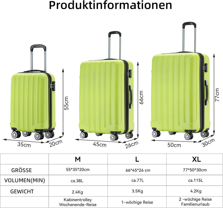 BEIBYE TSA-Schloss 2080 Zwillingsrollen 3 TLG. Reisekofferset Koffer Kofferset Trolley Trolleys Hart