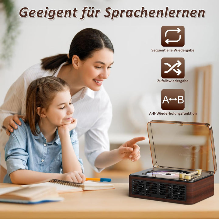 Bluetooth CD Player Tragbar mit Fernbedienung - Retro CD Spieler Klein mit FM-Radio,Lautsprecher,und