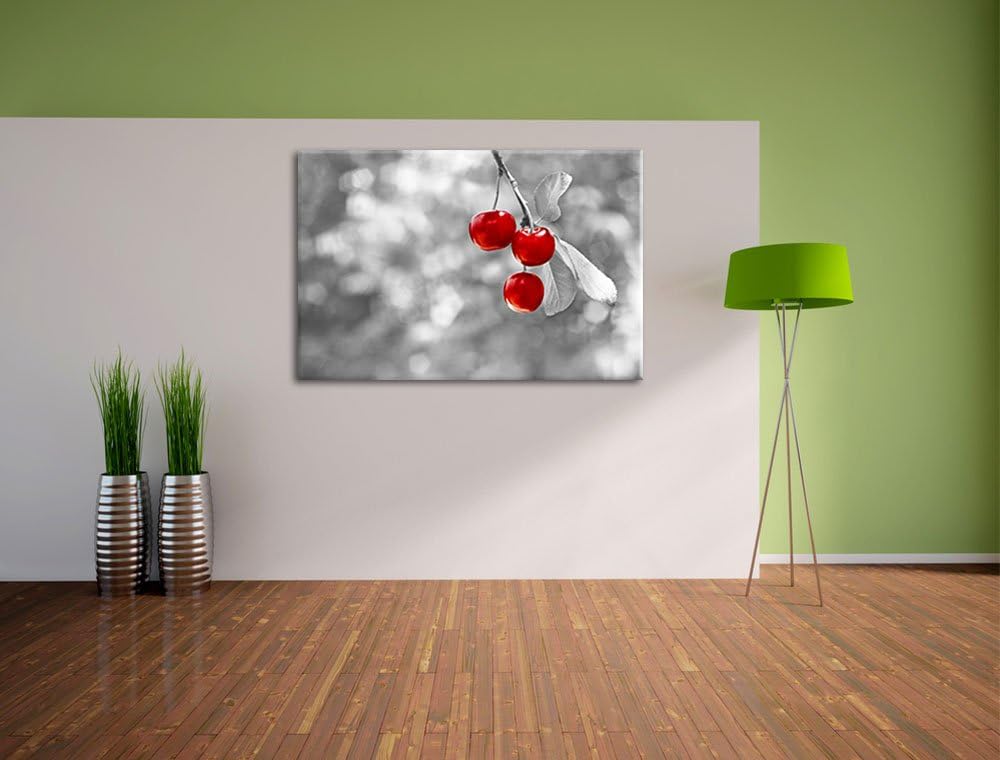 glänzende Kirschen am Zweig schwarz/weiss Format: 100x70 auf Leinwand, XXL riesige Bilder fertig ger