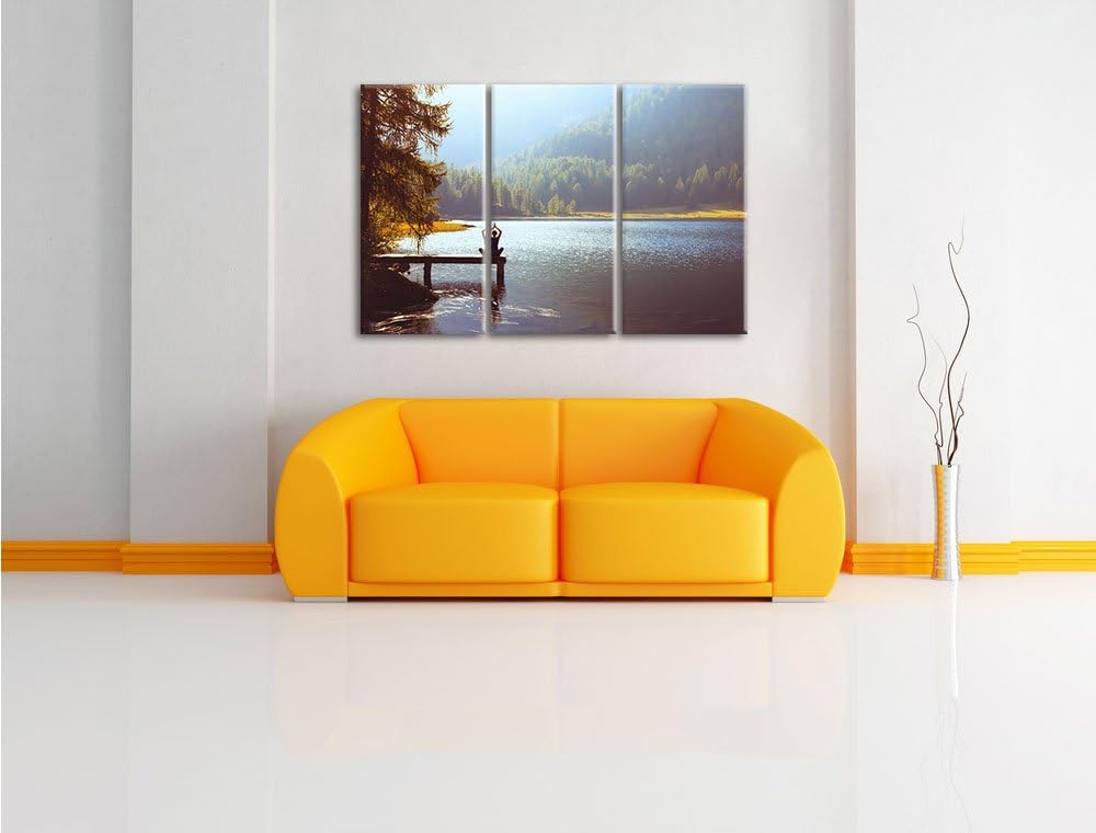 Pixxprint Yoga am See als Leinwandbild | Grösse: 3 Teilig (120x80) | Wandbild| Kunstdruck | fertig b