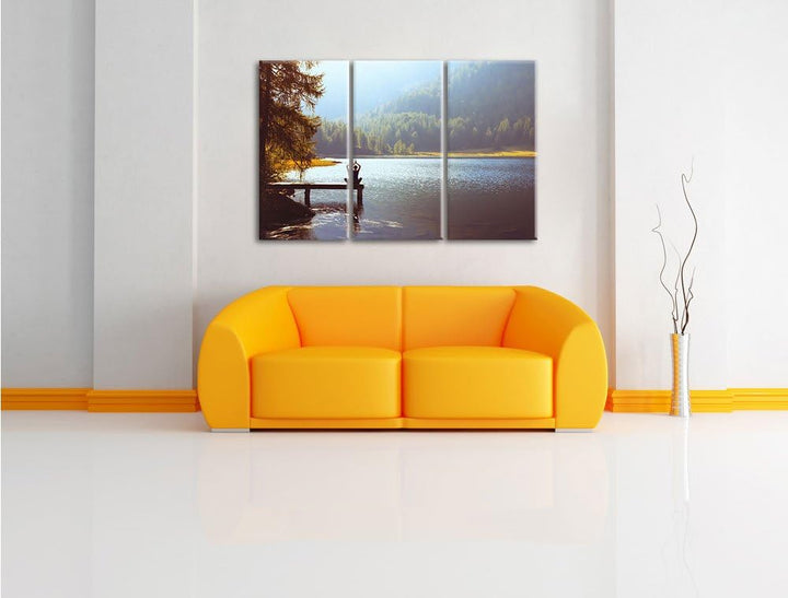 Pixxprint Yoga am See als Leinwandbild | Grösse: 3 Teilig (120x80) | Wandbild| Kunstdruck | fertig b