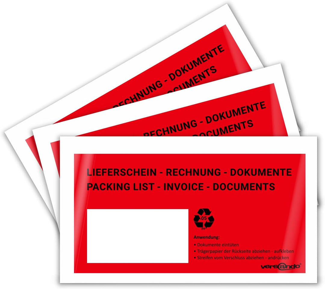 versando 1000 Lieferscheintaschen DIN lang selbstklebend Dokumententaschen Begleitpapiertaschen rot/