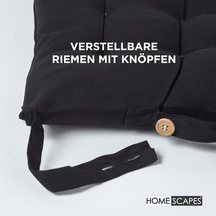 HOMESCAPES 4er Set Stuhlkissen 40 x 40 cm, schwarz, Sitzkissen mit Bändern und Knopfverschluss, einf