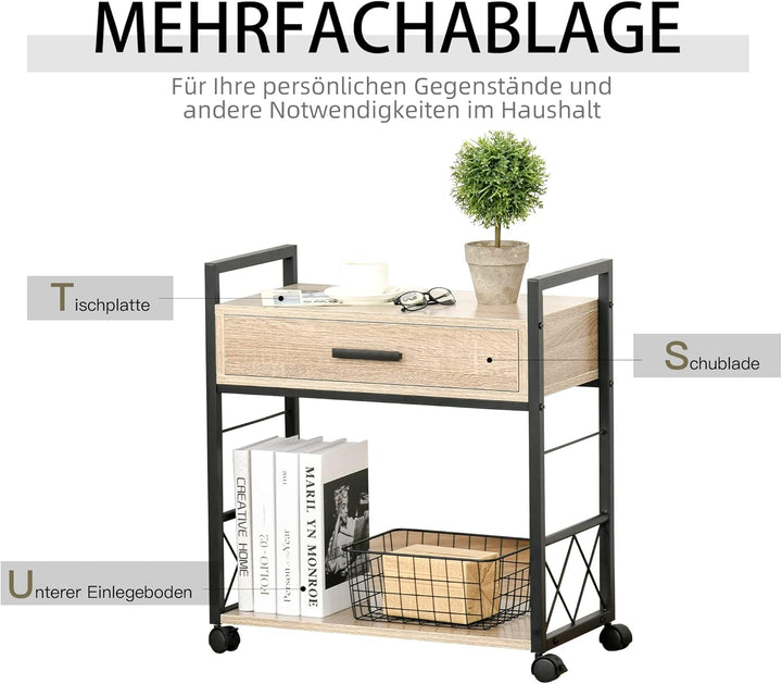 HOMCOM Beistelltisch Servierwagen mit Rädern Küchenwagen Kaffeetisch mit Schublade Ablage Sideboard