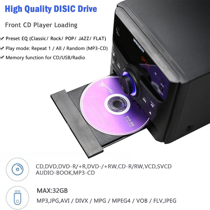 WISCENT HiFi-System Stereo-Systeme mit Bluetooth (CD-Player, DVD-Player, UKW-Radio, USB, AUX-Eingang