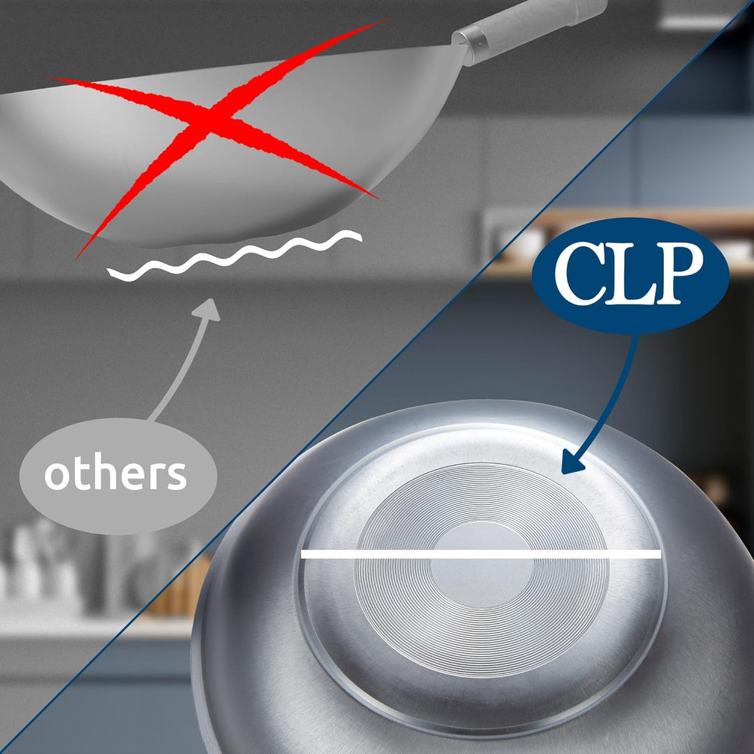 CLP Wok-Set aus Karbonstahl I Flacher oder runder Boden für Gas, Induktion und Grill I Wokpfanne mit